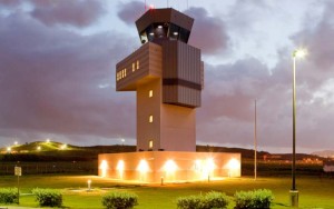 Control tower at night of the Henry E Rohlson airport St Croix Airport code STX US Virgin Islands