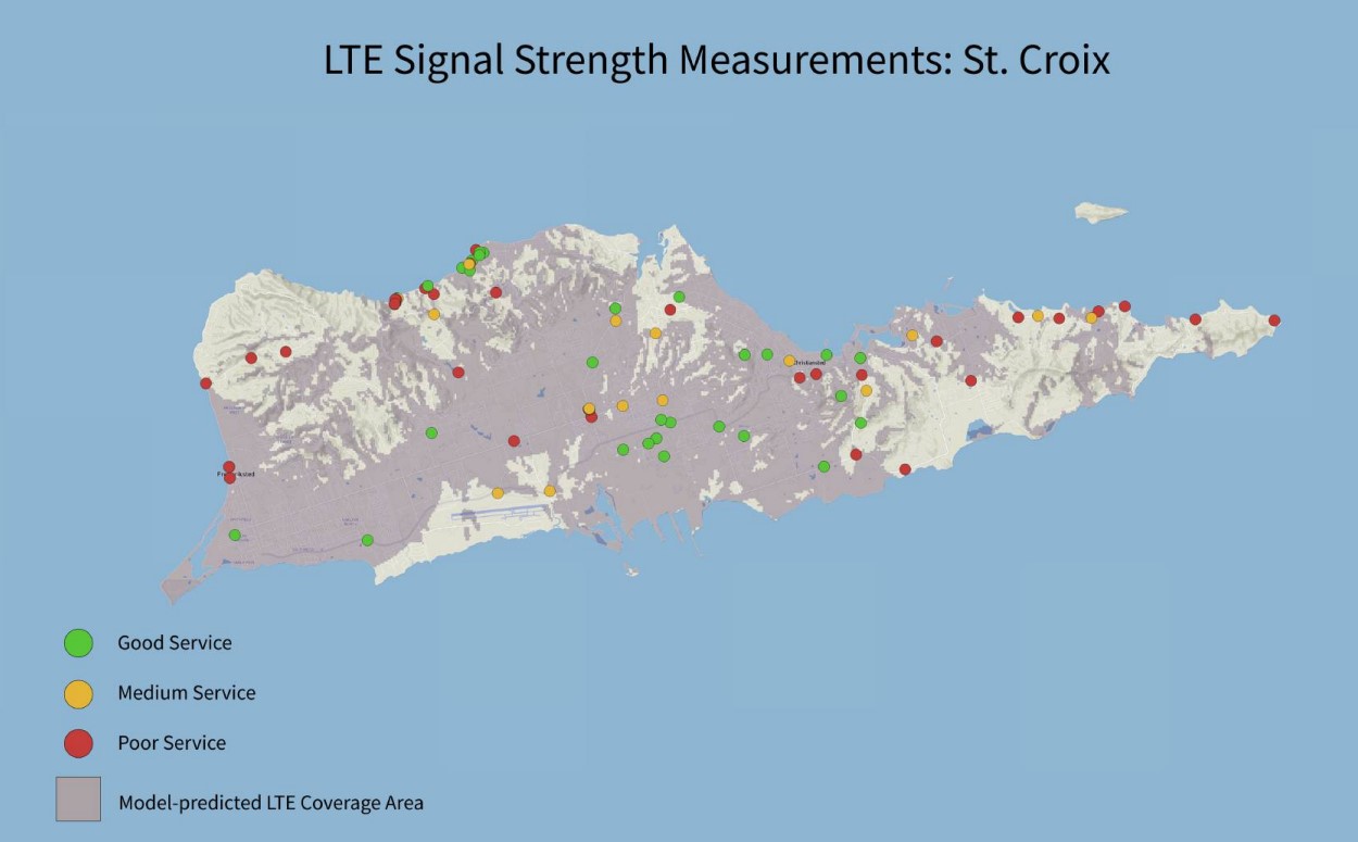 Actual LTE cellular coverage signal strength map St Croix USVI 2024