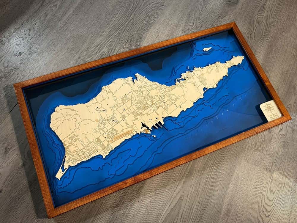 Framed wooden wall map of Saint Croix