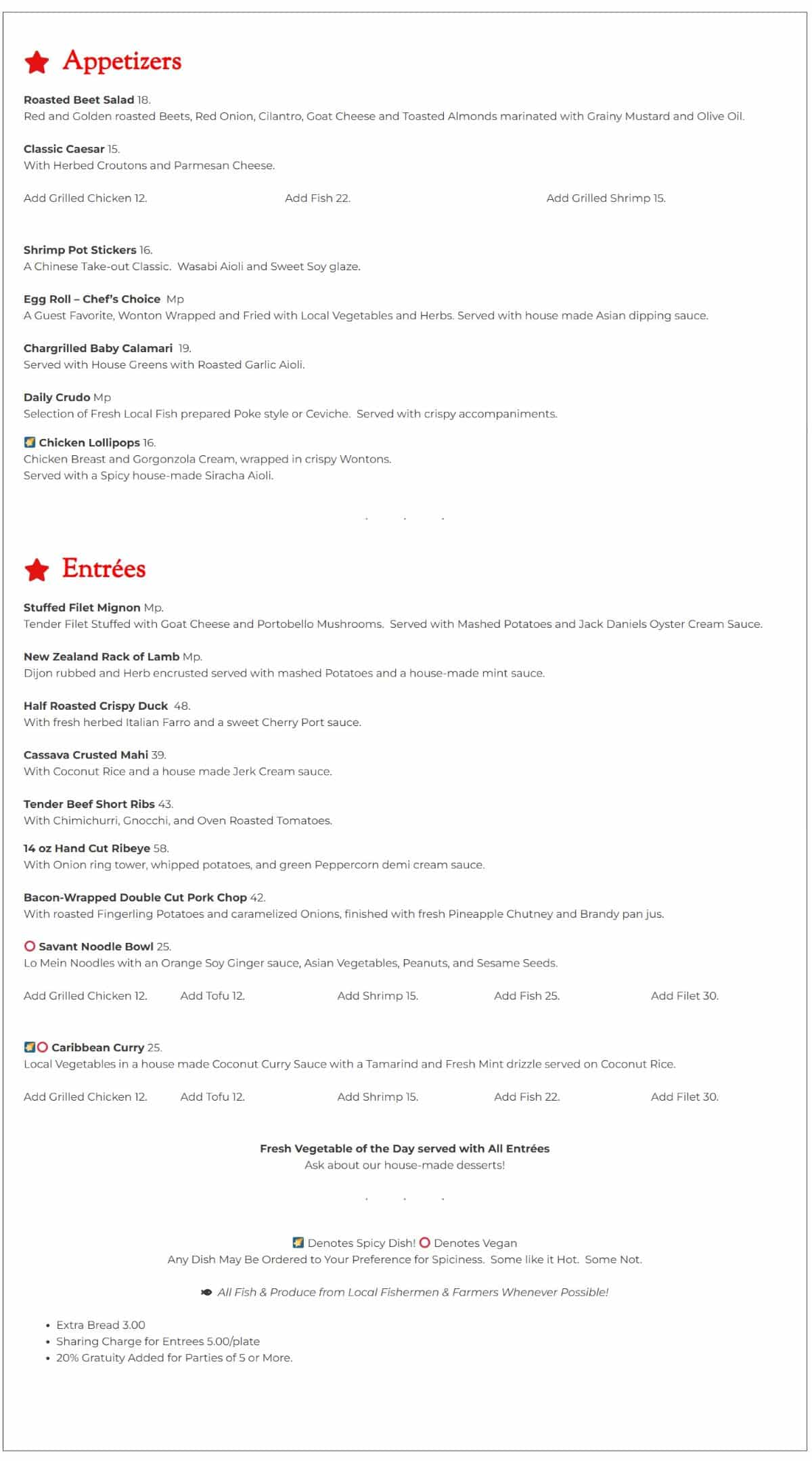 Savant Christiansted Menu in St Croix USVI