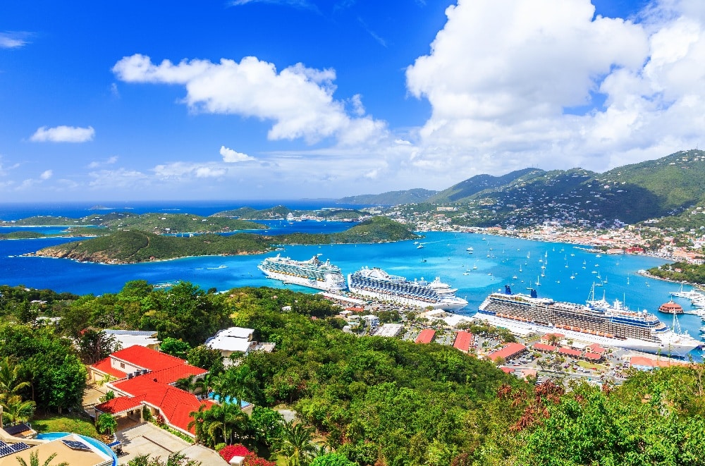 Charlotte Amalie St Thomas harbor with cruise ships and busy waterfront