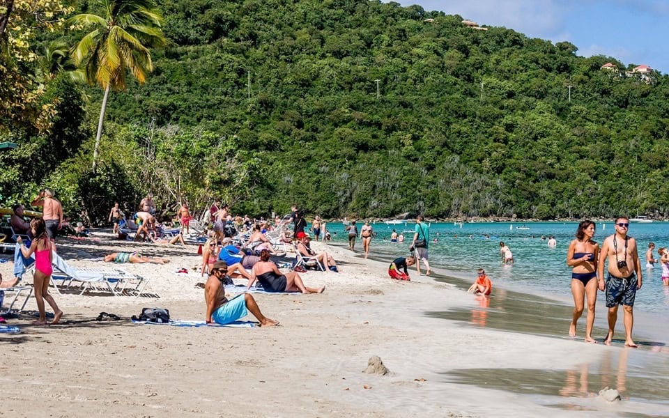 St. Thomas beach with tourists and developed amenities